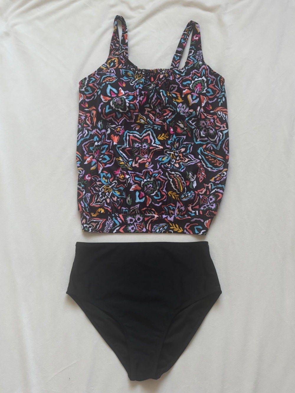 Yonique Swimsuit Tankini Top Solid Black Bottom 2 Piece Bathing Suit Women M NWT